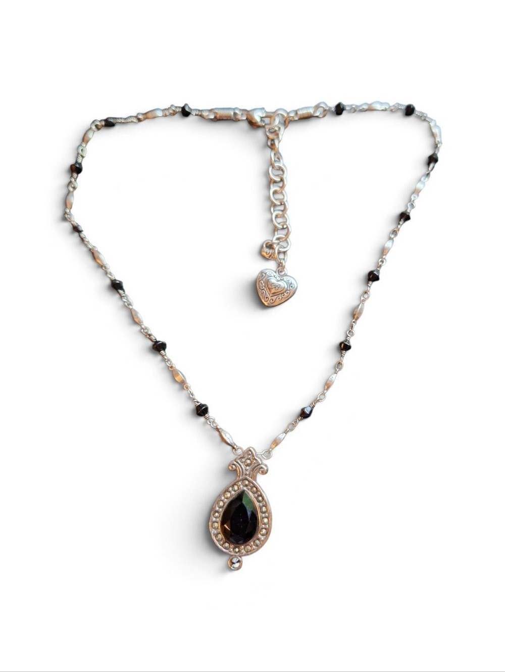 Brighton Signed Silver Toned Filigree Drop Pendant Necklace w/ Black accents